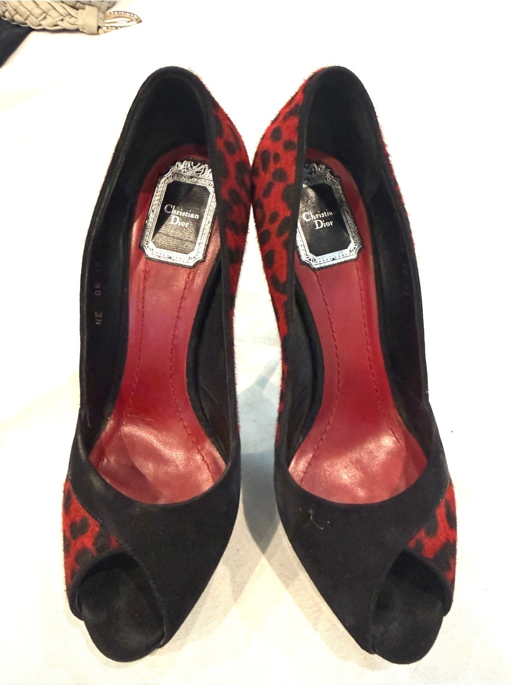 Christian Dior Red/Black Leopard Peep Toe Platform - Sz. 38